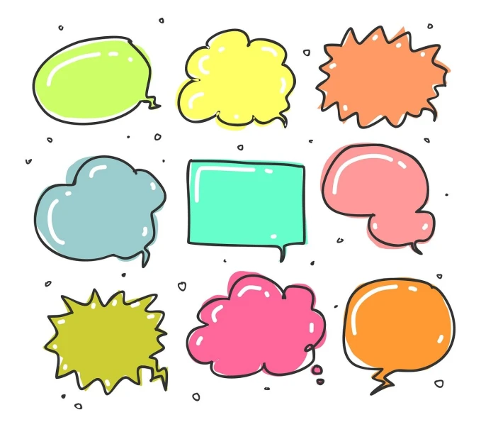 a bunch of different colored speech bubbles, a comic book panel, pastel colored, balloon, color ink pen illustration, anime set style