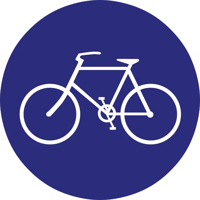 a white bicycle on a blue circle, pixabay, traffic signs, on a flat color black background, navy, lowres