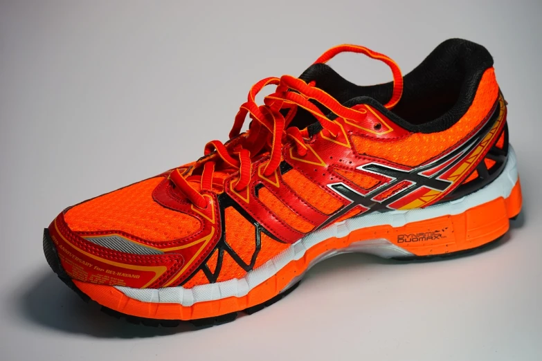 a close up of a pair of running shoes, by Jakob Gauermann, pixabay, orange color scheme, bulging veins, highly detailed product photo, amnesia