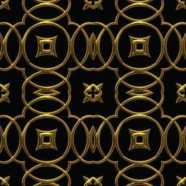 a gold pattern on a black background, a digital rendering, flickr, seamless pattern, gold rings, rococo elements, gold cables