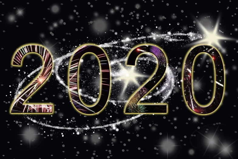 a fireworks display in the shape of the number 2020, a digital rendering, by Terese Nielsen, trending on pixabay, happening, gold black and rainbow colors, space backround, 💋 💄 👠 👗, twinkling and spiral nubela