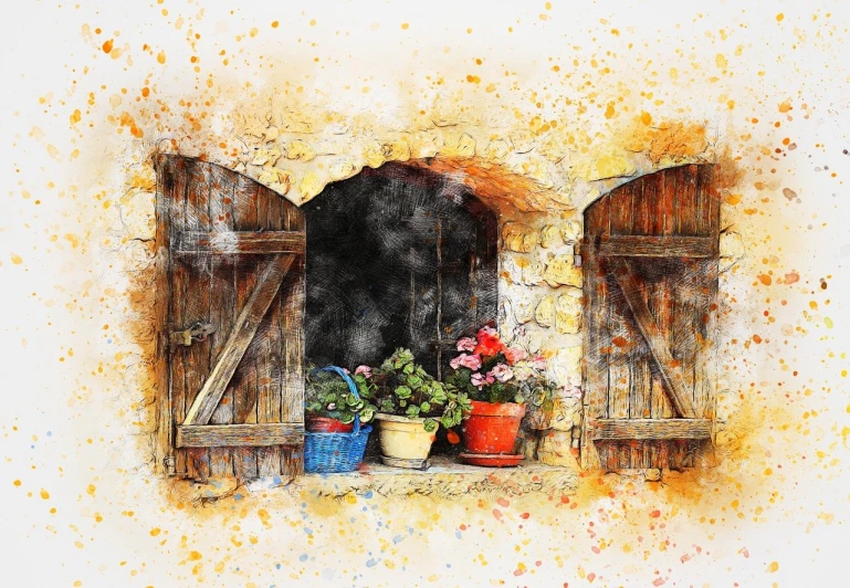 a painting of a window with potted plants, a watercolor painting, inspired by Guido Borelli da Caluso, art photography, sanjulian. detailed texture, splashes of colors, a beautiful artwork illustration, artur bordalo