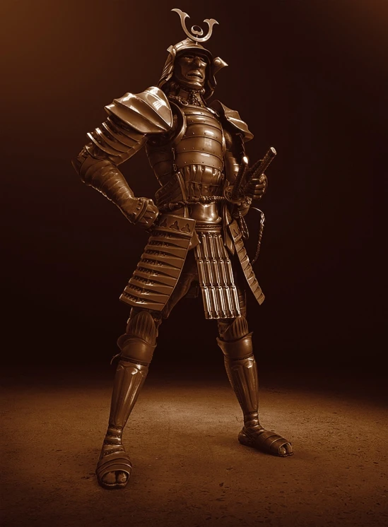 a man in armor poses for a picture, a digital rendering, inspired by Kanō Sanraku, trending on zbrush central, shin hanga, metallic bronze skin, obama as a samurai, lamellar armor, from kenshin