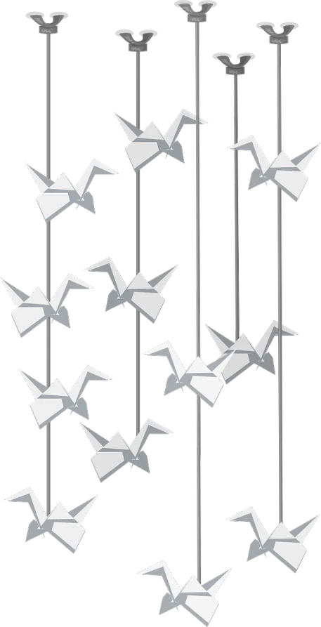 a bunch of origami birds hanging from a pole, concept art, inspired by Sugimura Jihei, sōsaku hanga, with a black background, made out of shiny white metal, wikimedia commons, 3 0 0