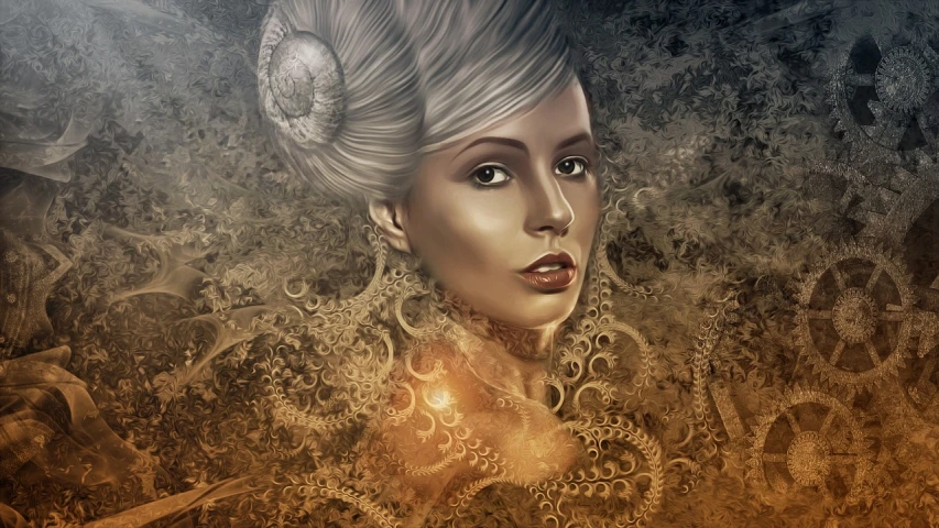 a digital painting of a woman with a flower in her hair, an airbrush painting, inspired by Karol Bak, 8 intricate golden tenticles, tom bagshaw donato giancola, golden and silver colors, portrait of ororo munroe