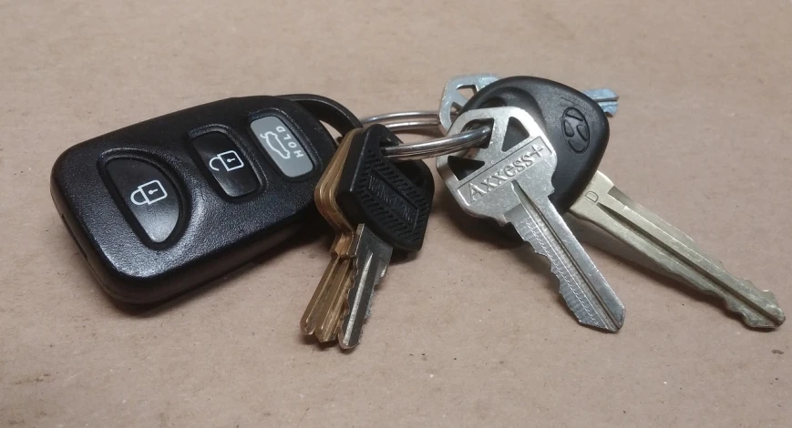 a bunch of keys sitting on top of a table, a photo, auto-destructive art, left - hand drive, pair of keycards on table, slightly turned to the right, slightly buck - toothed