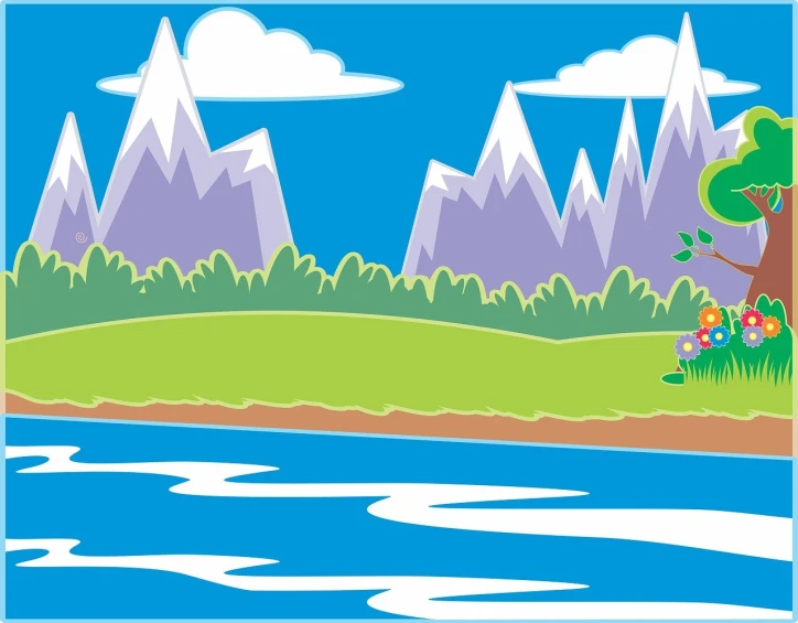 a picture of a river with mountains in the background, an illustration of, naive art, svg comic style, lake kawaguchi, banner, floral environment