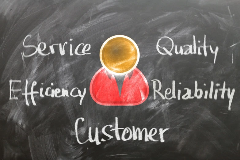 the words service quality efficiency reliability customer written on a blackboard, pixabay, realism, retaildesignblog, avatar image, four, high - res
