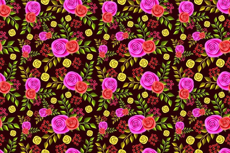 a pattern of roses and leaves on a brown background, vector art, pixabay, naive art, neon floral pattern, colorful vines, 4k high res, full of colour 8-w 1024
