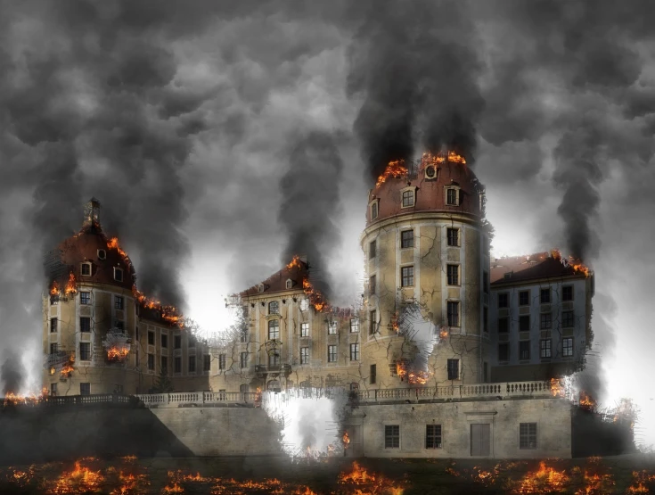 a large building with a lot of smoke coming out of it, a matte painting, inspired by Matthias Jung, shutterstock, digital art, fall of the ancien regime, fires!! hyperrealistic, 1 6 0 0 s, buildings photorealism