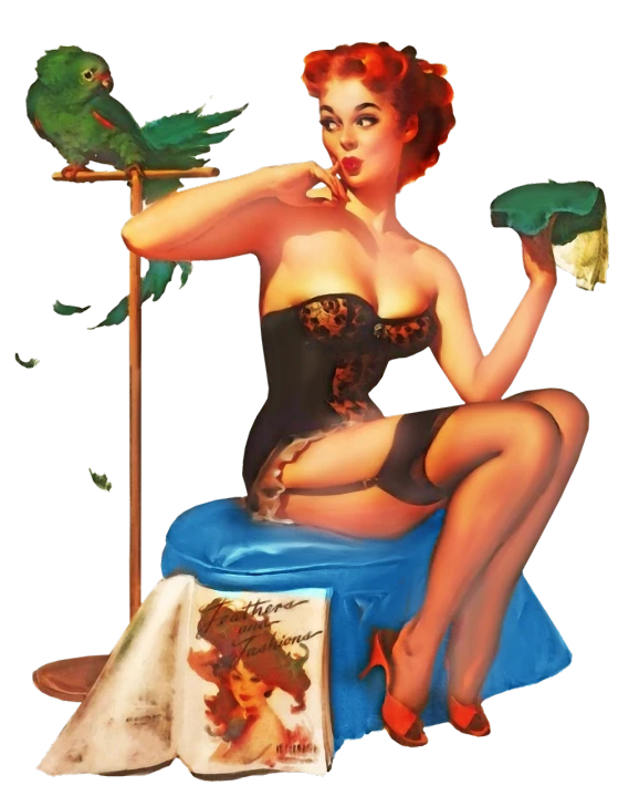 a pinup girl sitting on a stool with a parrot on her arm, poison ivy, redhead girl, vacuum, eating