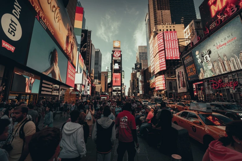 a busy city street filled with lots of people, a picture, by Matija Jama, pexels, happening, standing in time square, advertisment, background image, post apocalyptic new york