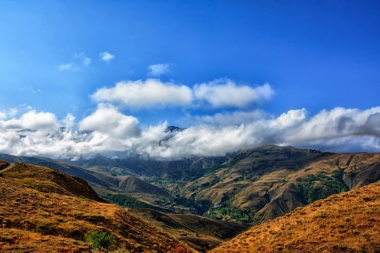 a group of cows standing on top of a lush green hillside, a tilt shift photo, hurufiyya, through clouds blue sky, andes, hdr photo, autumn mountains