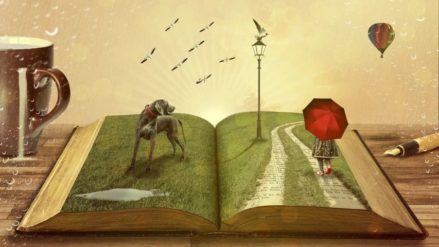 an open book sitting on top of a wooden table, a storybook illustration, by Lucia Peka, conceptual art, red umbrella, subject: dog, amazing wallpaper, fantasy photography