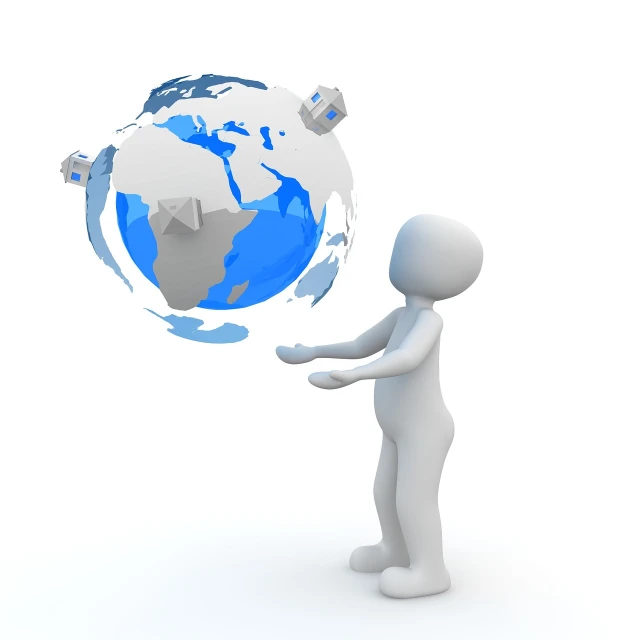 a person standing in front of a blue and white globe, a picture, 3 d character, feeds on everything, product introduction photo, internet