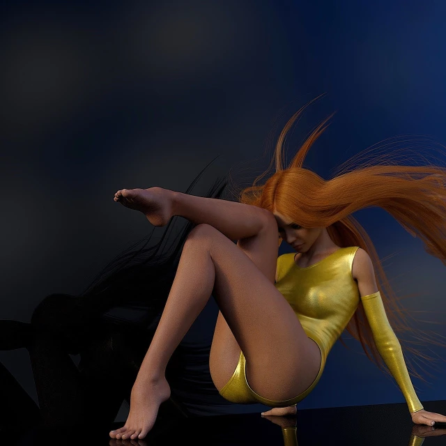 a woman with long red hair sitting on a table, a 3D render, inspired by Hans Erni, wearing shiny gold catsuit, windy floating hair!!, leeloo, the hair reaches the ground