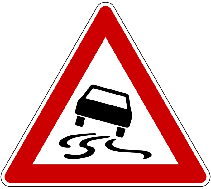 a red and white road sign with a car on it, a picture, pixabay, hurufiyya, puddles of water, skidding, hindu, triangle