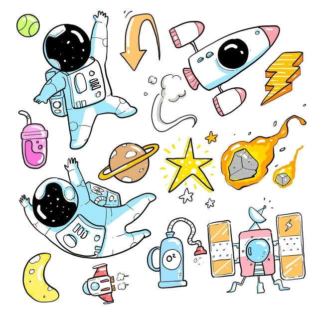 a drawing of an astronaut in outer space, vector art, shutterstock, various items, mascot illustration, sticker illustration, galaxy space hunter