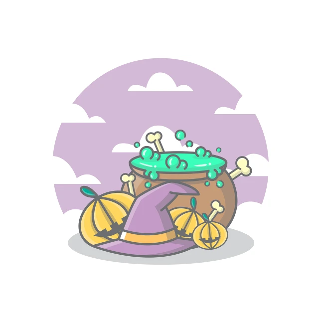 a witch hat sitting on top of a pot, concept art, pastel cute slime, pumpkin, clean lineart and flat color, with wide angle lens