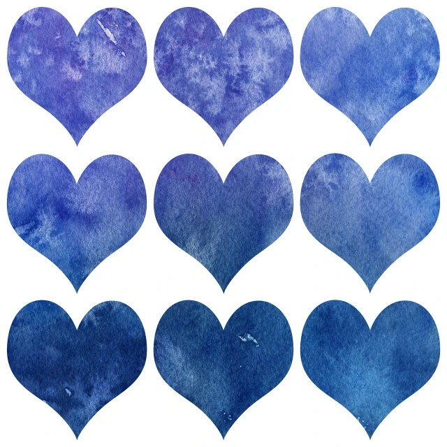 a set of six watercolor hearts on a white background, inspired by Masamitsu Ōta, blue night, ((blue)), blue color bleed, units