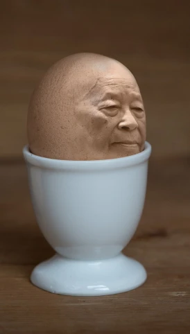 a close up of an egg in a bowl on a table, inspired by Chen Hongshou, full face portrait, he is about 8 0 years old, 3d portrait, wilson fisk