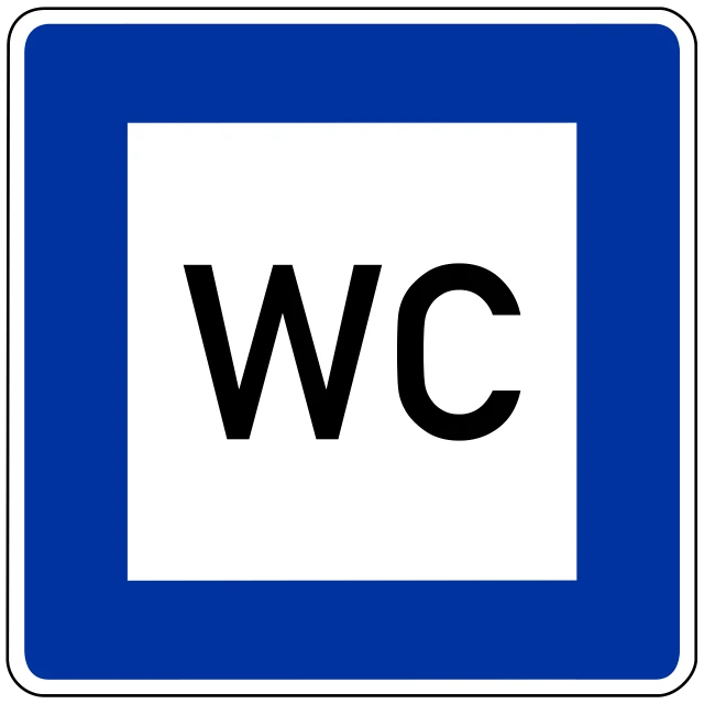 a blue and white street sign with the word wc, a screenshot, by Werner Gutzeit, plasticien, pictogram, white color, s line, commander