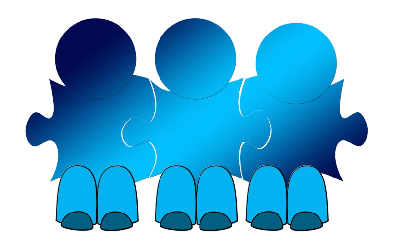 a group of people standing next to each other, by Eugeniusz Zak, trending on pixabay, digital art, puzzle, blue body, sitting with wrists together, blank