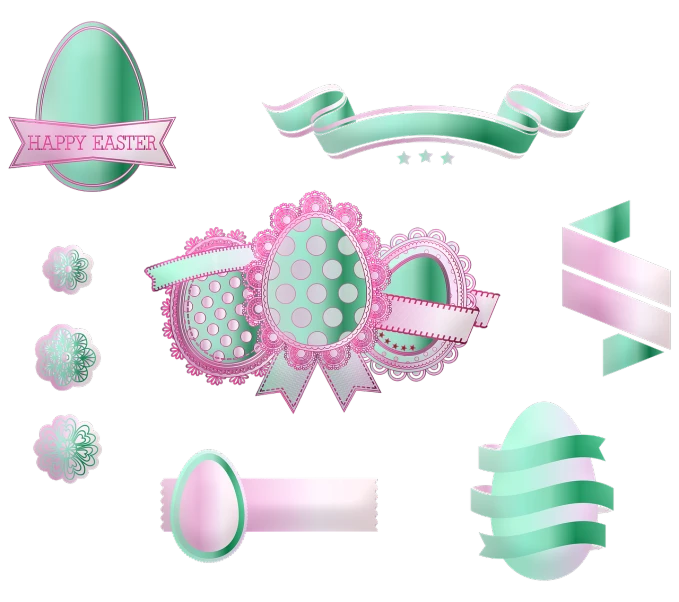 a bunch of pink and green items on a black background, digital art, easter, sticker design vector, satin ribbons, ornate egg