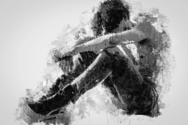 a black and white photo of a person sitting down, a digital painting, trending on pixabay, devastated, painted in high resolution, embracing, a beautiful artwork illustration