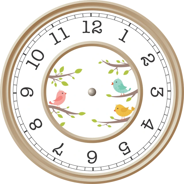 a close up of a clock with birds on it, a digital rendering, inspired by Masamitsu Ōta, trending on pixabay, mingei, cartoonish vector style, full color illustration, blank, window open