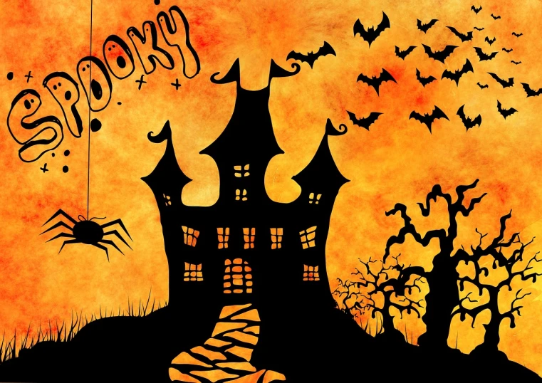a halloween scene with a spooky house and bats, a cartoon, by Zoran Mušič, pixabay, banner, ((oversaturated)), sassy, beautiful wallpaper