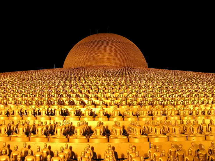 a large group of statues in front of a dome, by Jon Coffelt, flickr, minimalism, golden bodypaint, buddhist, blessing the soil at night, kano)