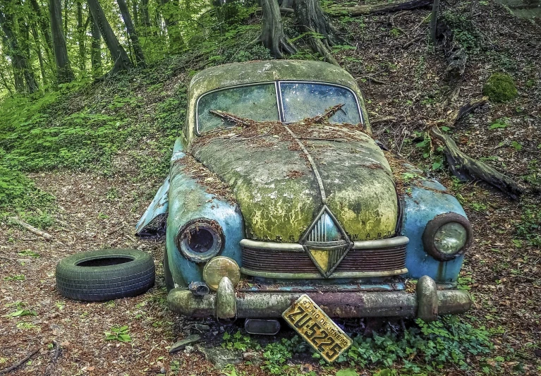 an old car sitting in the middle of a forest, by Hans Fischer, auto-destructive art, mobile wallpaper, renault, tone mapping, unhappy