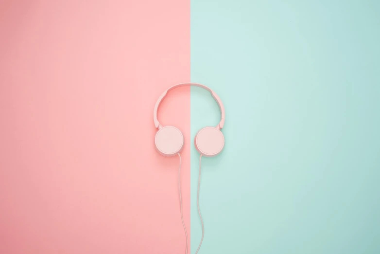 a pair of headphones sitting on top of a pink and blue wall, a minimalist painting, by Matthias Weischer, trending on pexels, aestheticism, pink white turquoise, dull pastel colors, green and pink colour palette, 2 tone colors only