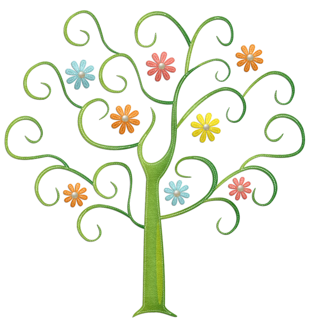 a drawing of a tree with colorful flowers, a digital rendering, inspired by Edgar Schofield Baum, flickr, naive art, swirly curls, on black background, an elegant green, adorable design