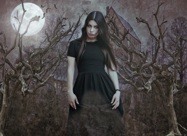a woman in a black dress standing in front of a full moon, digital art, inspired by Samuel Hieronymus Grimm, trending on pixabay, gothic art, soft devil queen madison beer, with haunted eyes and dark hair, haunted house themed, photoshot