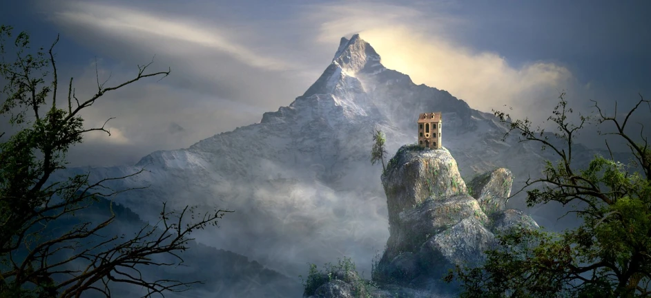 a castle on top of a mountain surrounded by trees, inspired by Raphael Lacoste, fantasy art, renato muccillo, mythical shrine, realistic fantasy photography, lost world pyramid