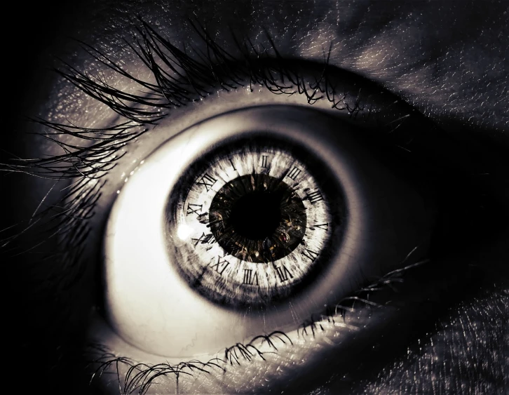 a close up of a person's eye, a macro photograph, by Edward Corbett, surrealism, memory trapped in eternal time, high-contrast, eye white). full body realistic, grungy
