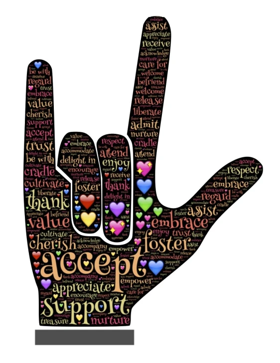 a hand with a peace sign made out of words, by Jeanna bauck, pixabay, conceptual art, acceptance, rock star, aorta, with index finger