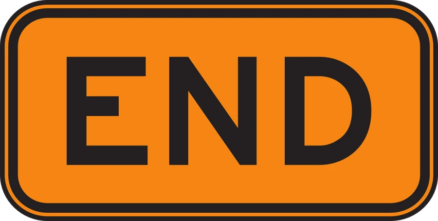 an orange and black end sign on a black background, verdadism, rectangular, friend, construction, the endless end beyond all ends