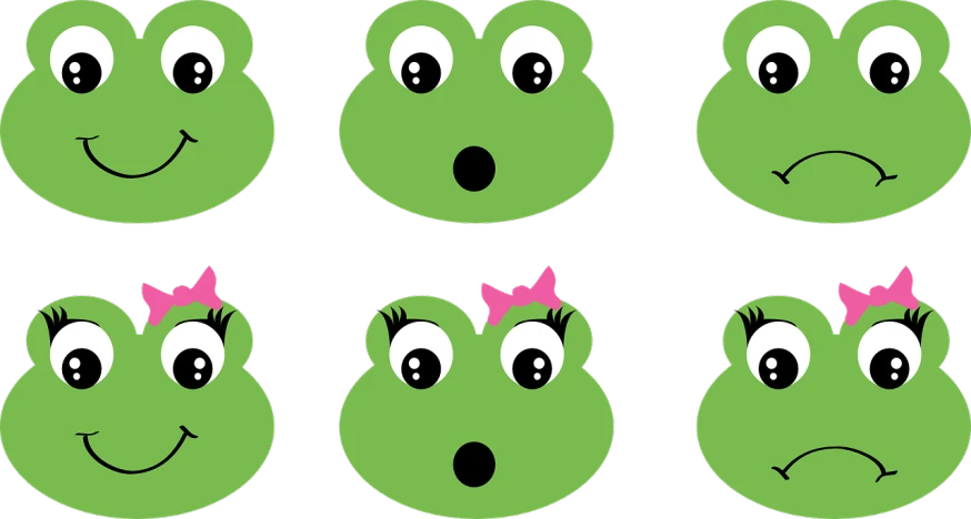 a set of cartoon frog faces with different expressions, a digital rendering, deviantart, black backround. inkscape, girly, wallpaper - 1 0 2 4, closeup!!!!!!