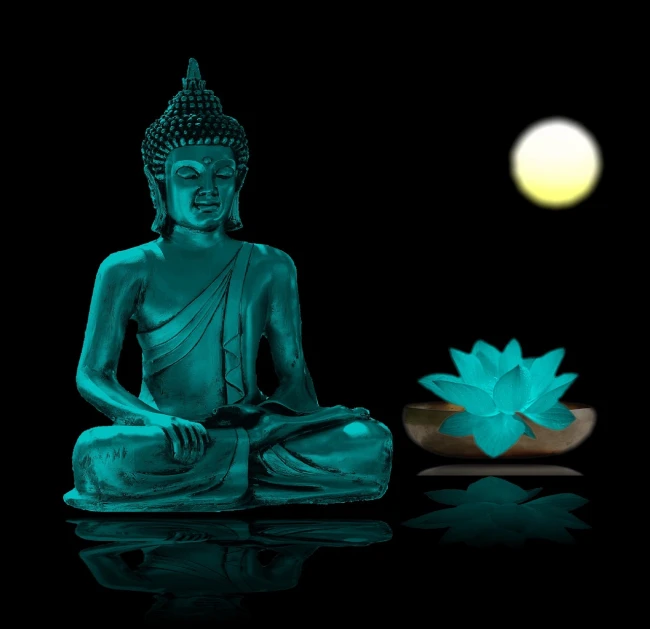 a buddha statue sitting in front of a full moon, a hologram, aquamarine, sitting on a lotus flower, bioluminiscent, rendered