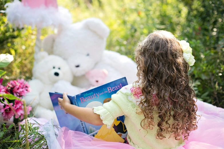 a little girl sitting in the grass reading a book, a picture, by Maksimilijan Vanka, pixabay, teddy bear, the woman holds more toys, product introduction photo, istockphoto