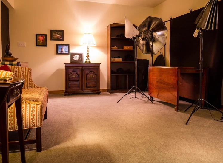 a living room filled with furniture and a lamp, a portrait, by Wayne England, flickr, studio lighting 4 k, carpeted floor, studio recording, professional product photo