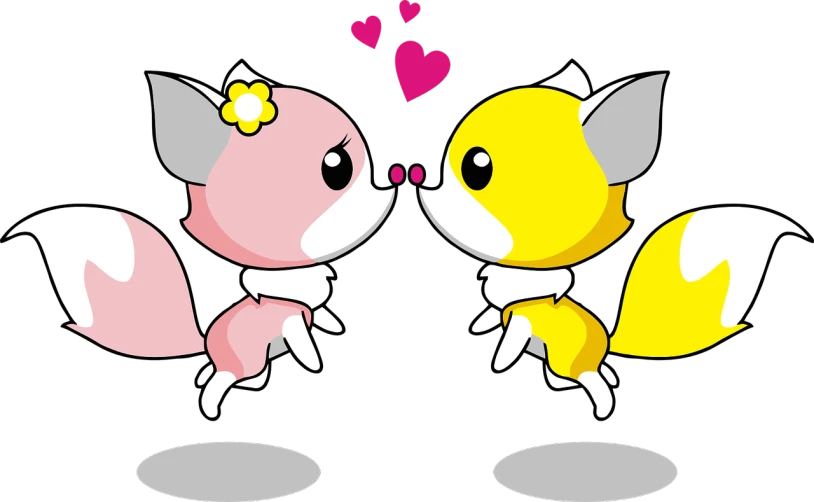 a couple of foxes standing next to each other, vector art, by Hiromu Arakawa, pixiv, pink and yellow, kiss mouth to mouth, maplestory, black and white vector