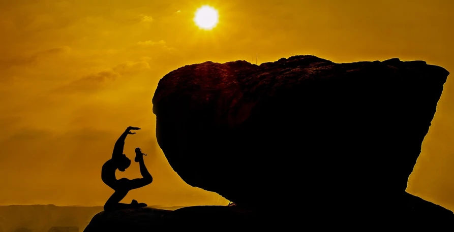 a person doing a handstand on top of a rock, a picture, by Andrei Kolkoutine, the girl and the sun, sisyphus compostition, backlit!!, anjali mudra