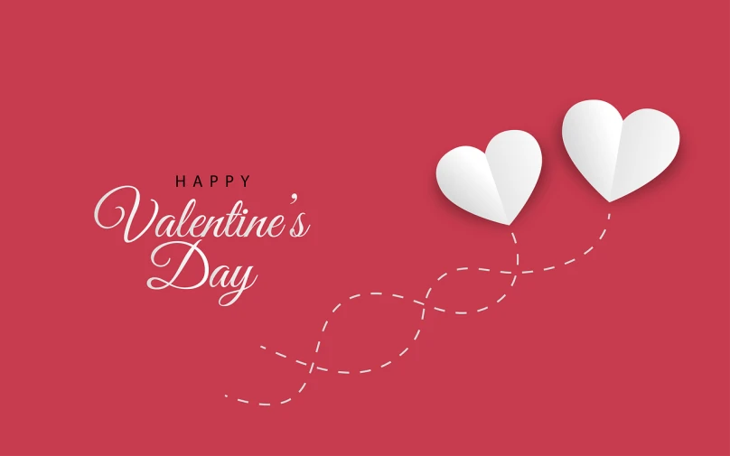 two paper hearts on a red background with the words happy valentine's day, vector art, shutterstock, interacte smooth flowing lines, minimalist background, 5 feet away, red and white color theme