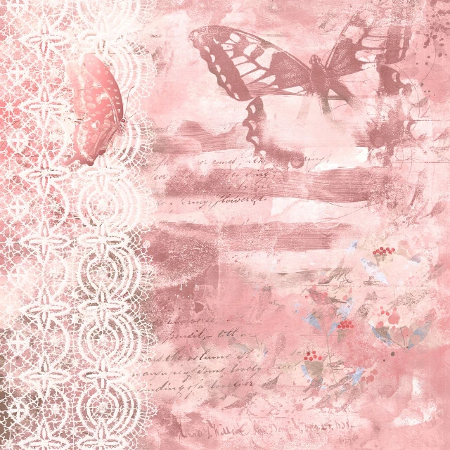 a painting of a butterfly on a pink background, a pastel, baroque, scrapbook, lace, soft red tone colors, washed out background