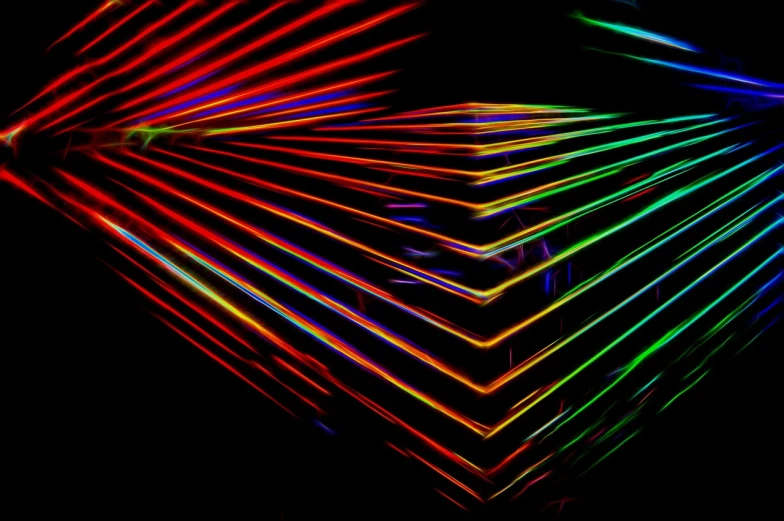 a heart made out of neon lights on a black background, a microscopic photo, inspired by Richard Anuszkiewicz, abstract illusionism, laser beam ; outdoor, light rays. refraction, rainbow neon strips, red laser