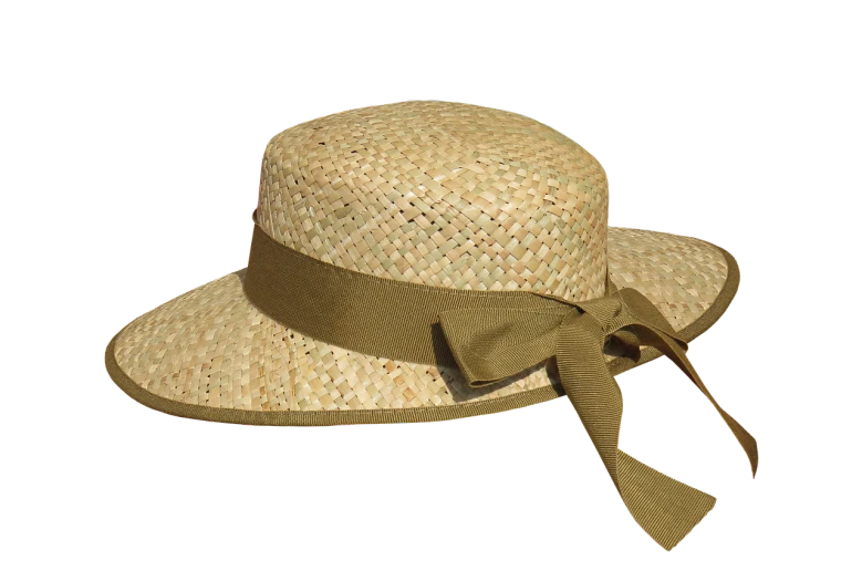 a straw hat with a ribbon around the brim, a digital rendering, inspired by Kate Greenaway, flickr, renaissance, world war ii military style, 35 mm product photo”, panorama, view from the side”